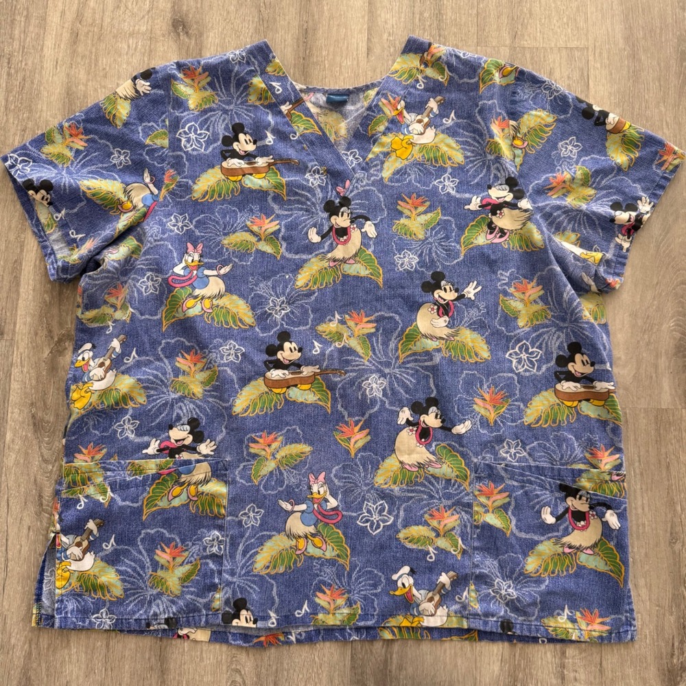 Disney Mickey Minnie Hawaiian Tropical Scrub Top Blue V-Neck 2XL XL Pockets